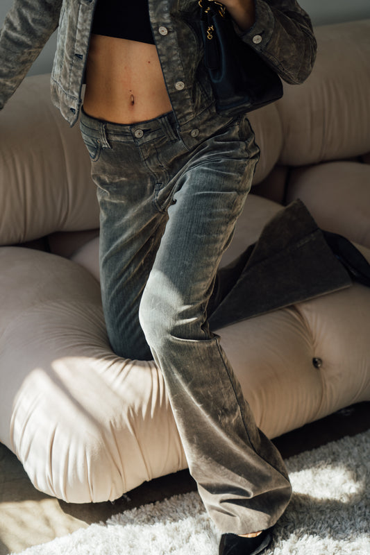 Flocked French Flare Jeans - Light Grey Black