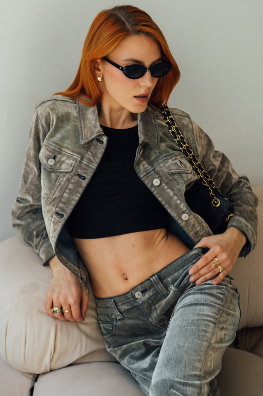 Flocked Trucker Jacket - Light Grey Black