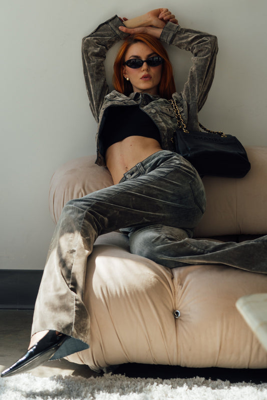 Flocked French Flare Jeans - Light Grey Black