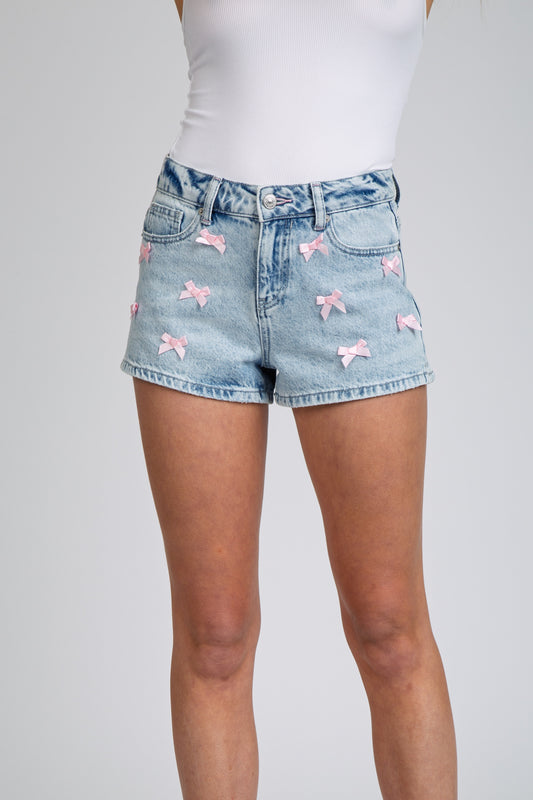 HIGH RISE BOW DENIM SHORTS - Antique Blue