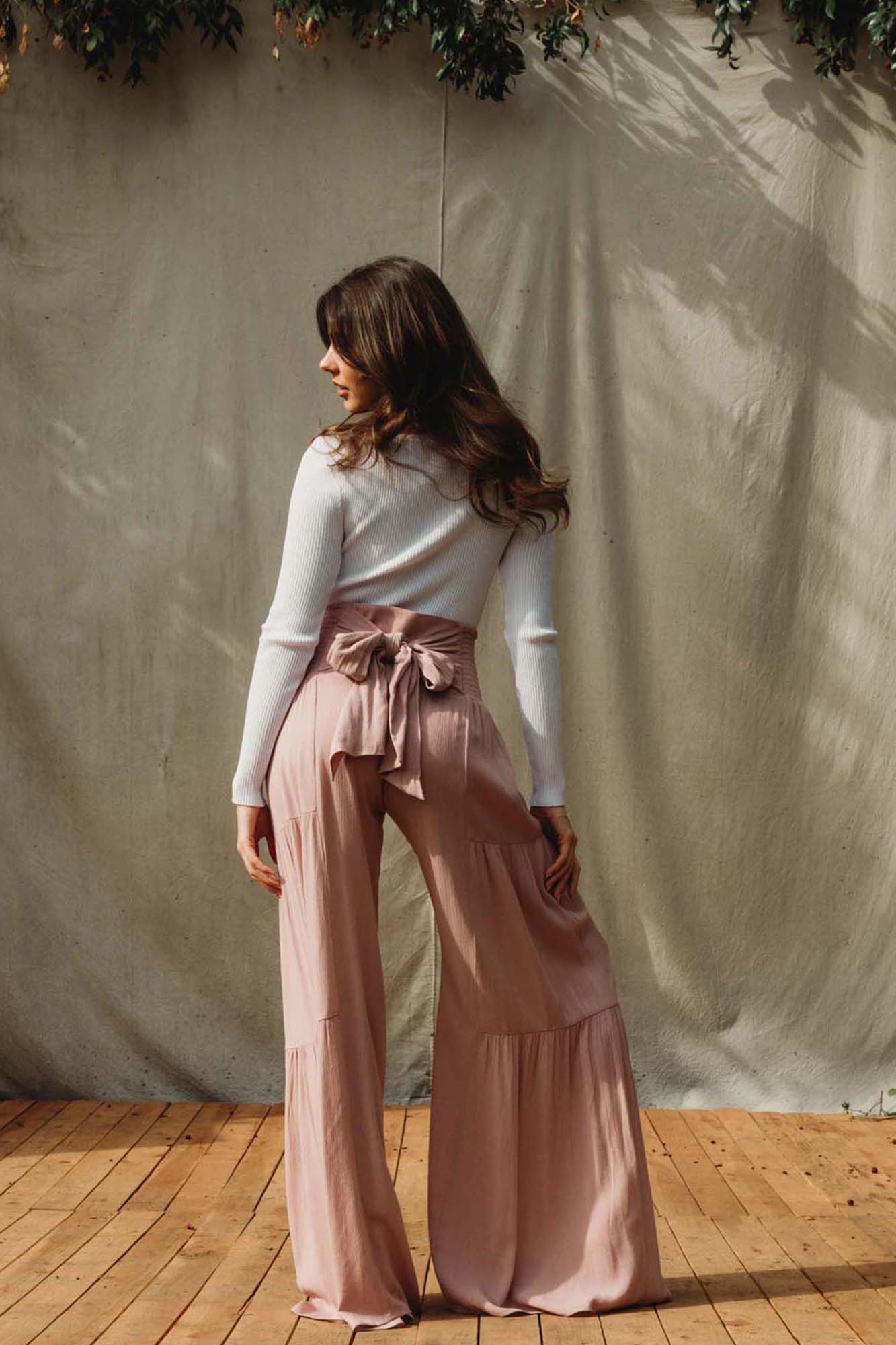 TIE WAIST TIERED WIDE LEG PANT - MAUVE