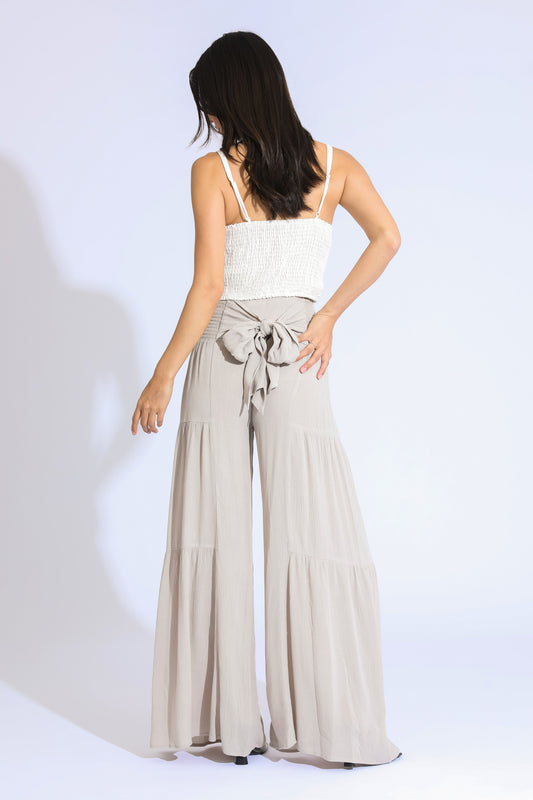 TIE WAIST TIERED WIDE LEG PANT - LIGHT SAND