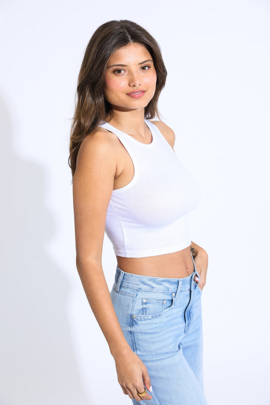 ESSENTIAL CROPPED KNIT TANK - WHITE