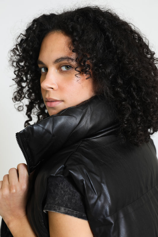 Luxe Vegan Leather Puffer Vest - Black