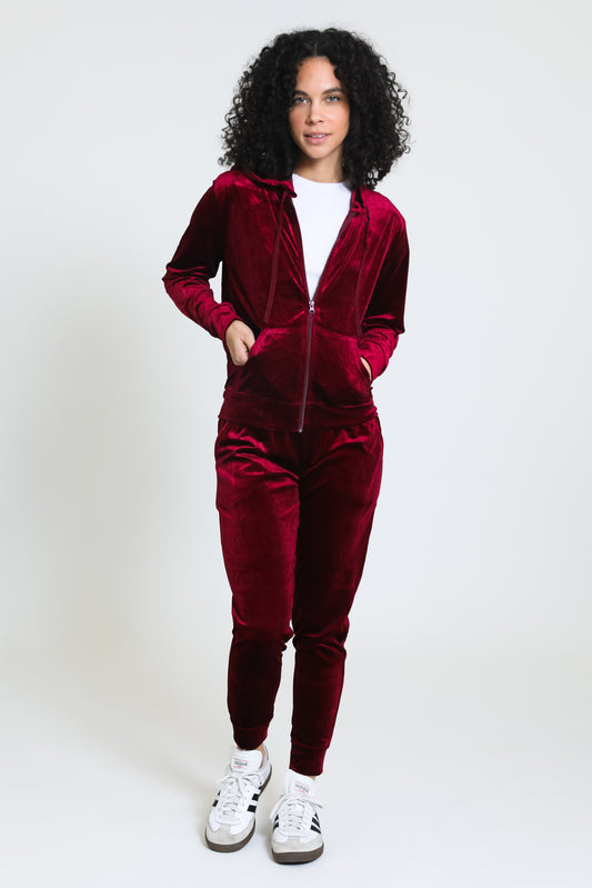 Stepping Out Velour Set - Burgundy