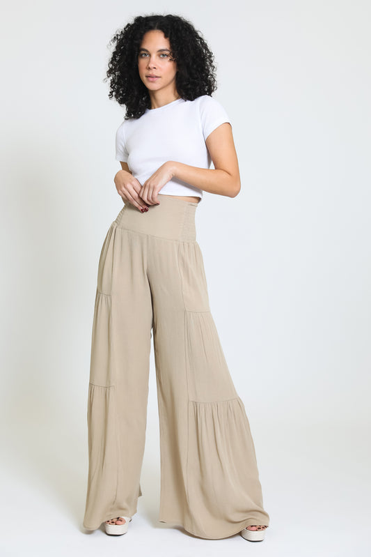 TIE WAIST TIERED WIDE LEG PANT - Khaki Mist