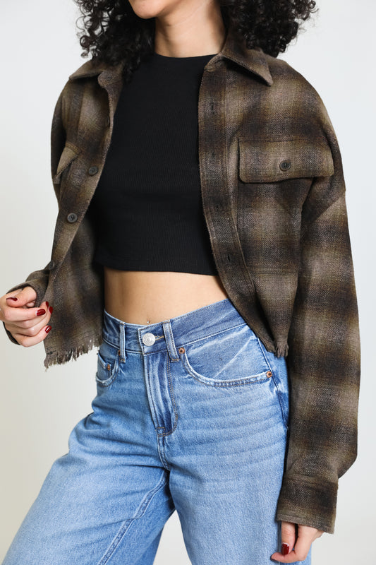 Feeling It Cropped Flannel - Brown