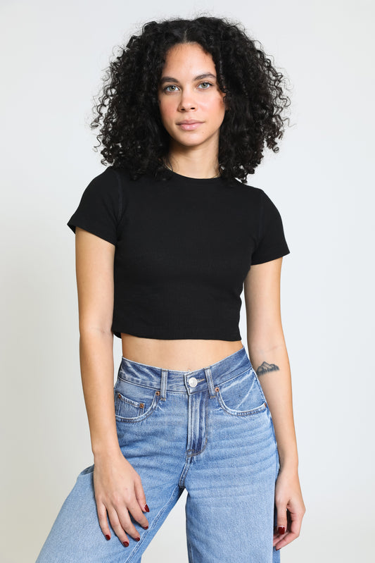 Essential Cropped Thermal Tee - Black