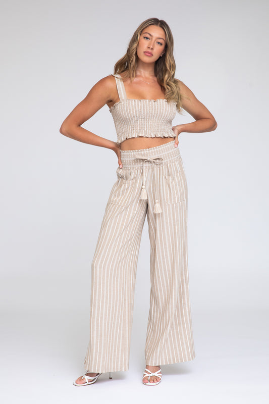SMOCKED TOP AND BOARDWALK PANT LINEN SET - KHAKI