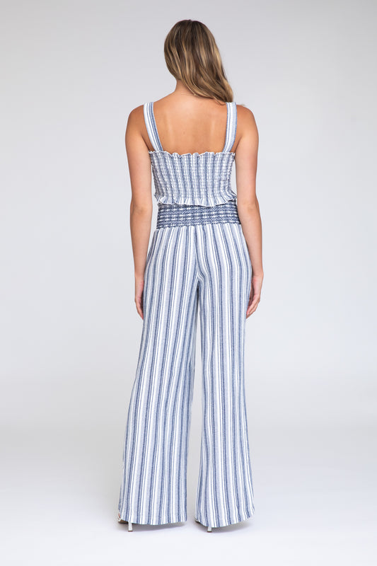 SMOCKED TOP AND BOARDWALK PANT LINEN SET - NAVY WHITE