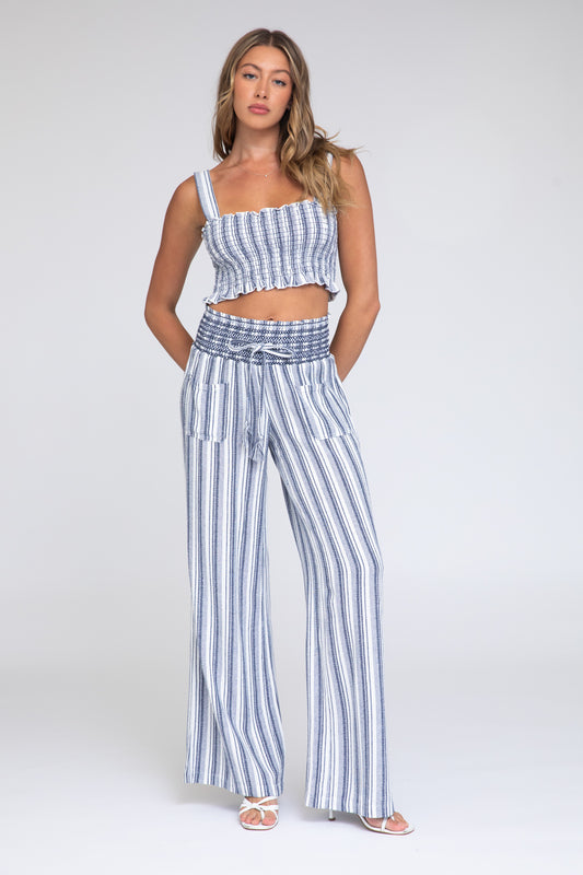 SMOCKED TOP AND BOARDWALK PANT LINEN SET - NAVY WHITE