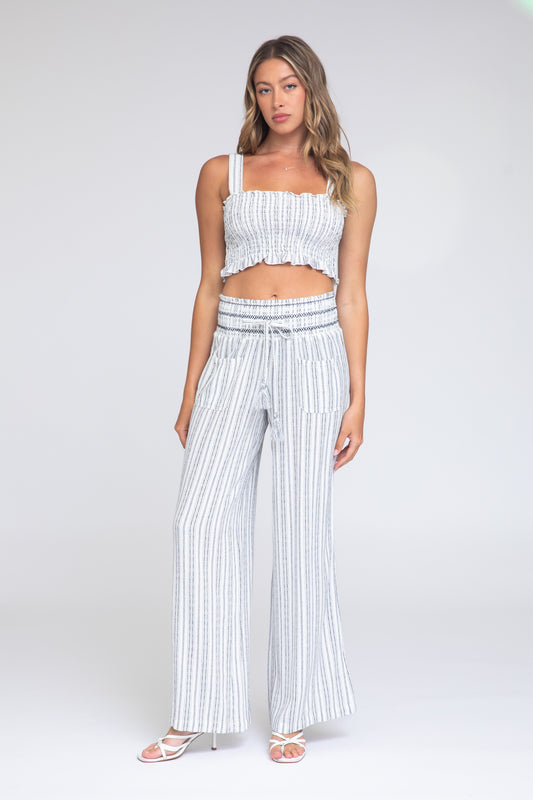 SMOCKED TOP AND BOARDWALK PANT LINEN SET - NATURAL WHITE