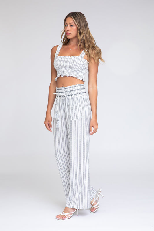 SMOCKED TOP AND BOARDWALK PANT LINEN SET - NATURAL WHITE