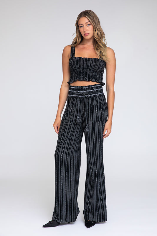 SMOCKED TOP AND BOARDWALK PANT LINEN SET - BLACK WHITE