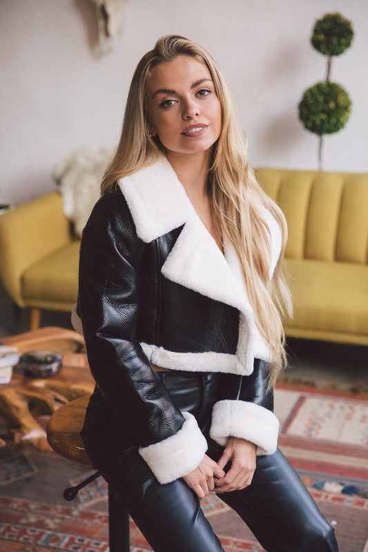 Juliet Cropped Vegan Leather Jacket - Black/Cream