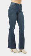 Distressed High Rise Flare Jeans - Mid Century Blue