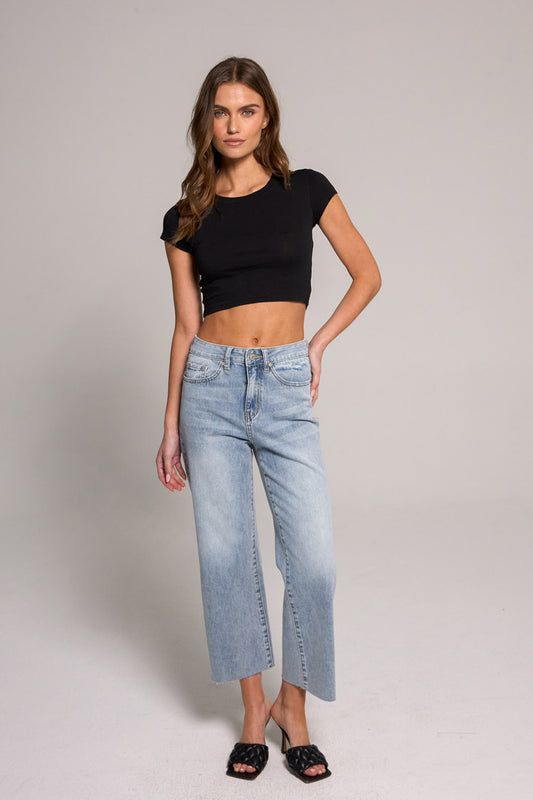 High Rise Wide Leg Cropped Jeans - Light Blue