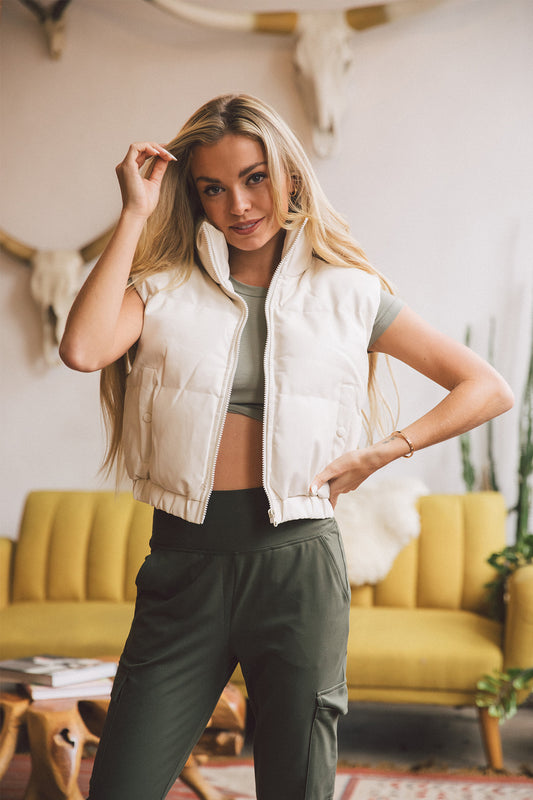 Luxe Vegan Leather Puffer Vest - Cream