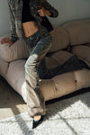 Flocked French Flare Jeans - Light Grey Black