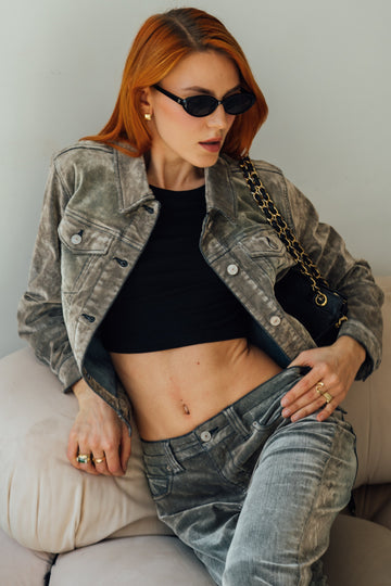 Flocked Trucker Jacket - Light Grey Black
