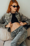 Flocked Trucker Jacket - Light Grey Black