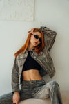 Flocked Trucker Jacket - Light Grey Black