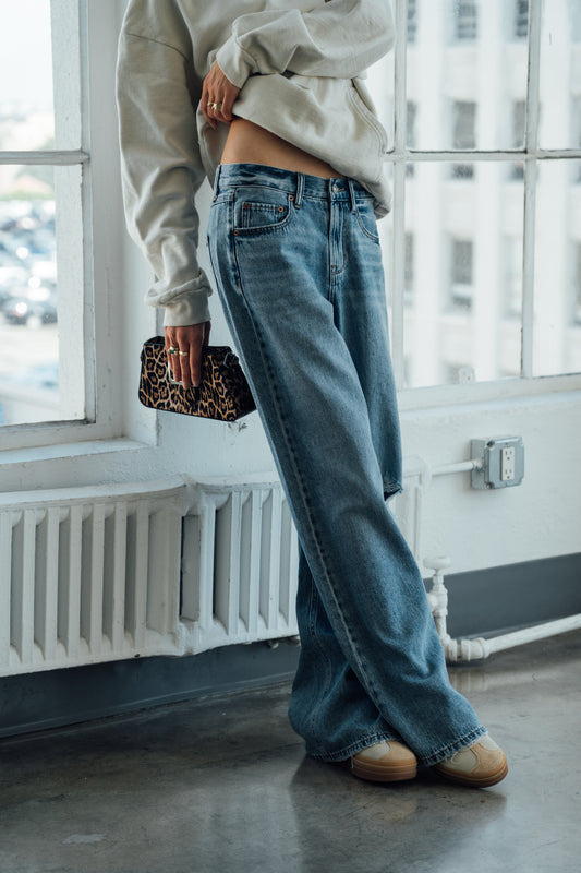 Alexa Raw Hem High Rise Jeans - Light Medium Blue Black