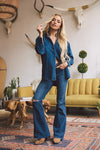 Distressed High Rise Flare Jeans - Mid Century Blue