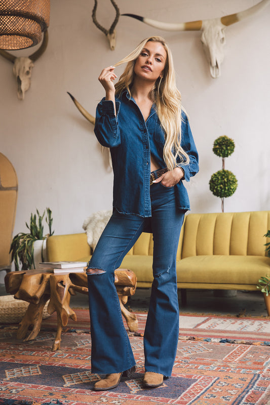 Distressed High Rise Flare in Mid Century Blue