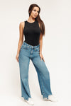 High Rise A-Line Wide Leg Jeans - Medium Indigo