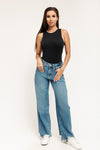 High Rise A-Line Wide Leg Jeans - Medium Indigo