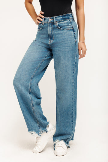 High Rise A-Line Wide Leg Jeans - Medium Indigo