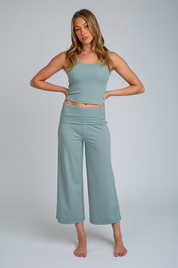Luxe Fold Over Cropped Wide Leg Set - Light Olive
