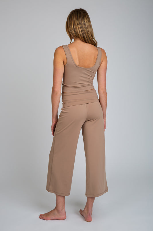 Luxe Fold Over Cropped Wide Leg Set - Taupe Brown
