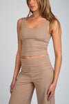 Luxe Fold Over Cropped Wide Leg Set - Taupe Brown