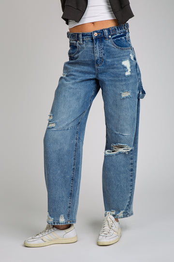 DISTRESSED CARPENTER BARREL JEAN - MEDIUM DARK BLUE BLACK