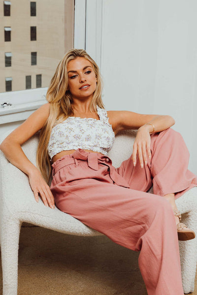 Self Tie Paperbag Wide Leg Pant Sunkiss Mauve S Sunkiss Mauve
