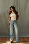 Alexa Raw Hem High Rise Jeans - Medium Blue Black