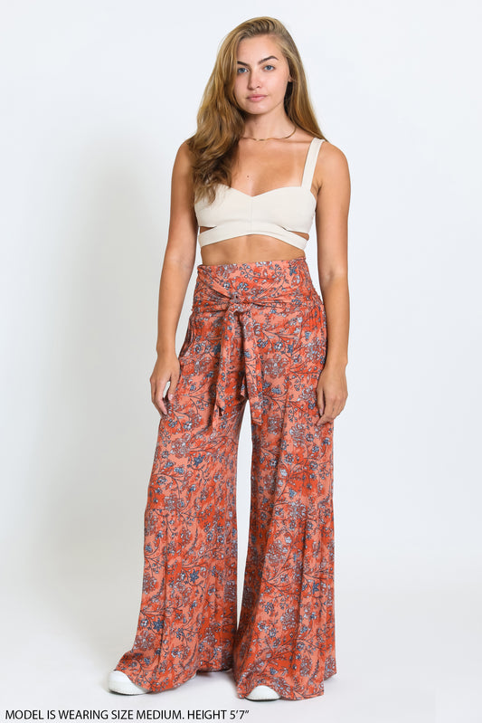 TIE WAIST TIERED WIDE LEG PANT - RUST