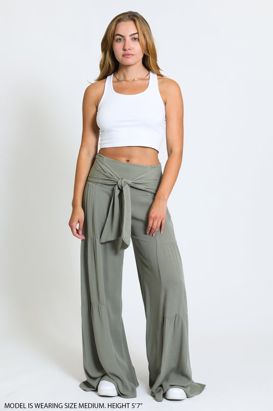 TIE WAIST TIERED WIDE LEG PANT - DUSTY SAGE