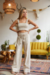 SMOCKED TOP AND BOARDWALK PANT LINEN SET - KHAKI