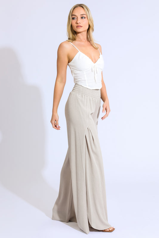 SMOCKED FRONT WRAP WIDE LEG PANT- VINTAGE CLAY
