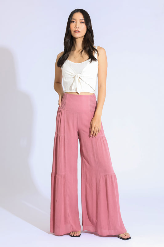TIE WAIST TIERED WIDE LEG PANT - SUNKISS MAUVE