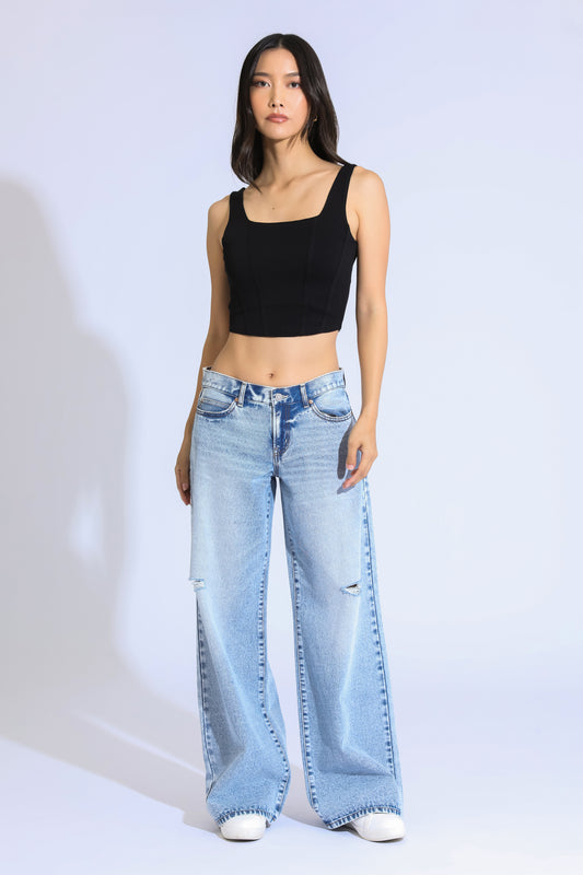 ASHLEY CLASSIC LOW RISE A-LINE BAGGY JEANS - LIGHT BLUE BLACK
