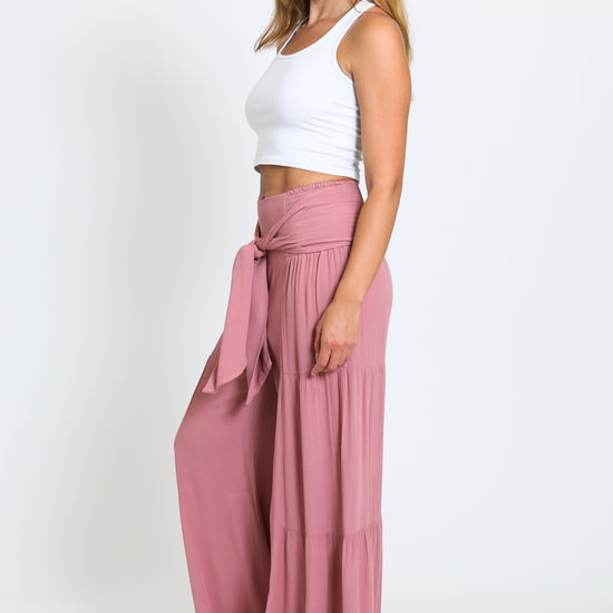 TIE WAIST TIERED WIDE LEG PANT - SUNKISS MAUVE – Rewash Brand