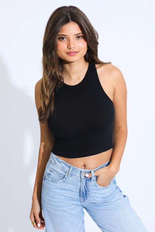 ESSENTIAL CROPPED KNIT TANK - BLACK