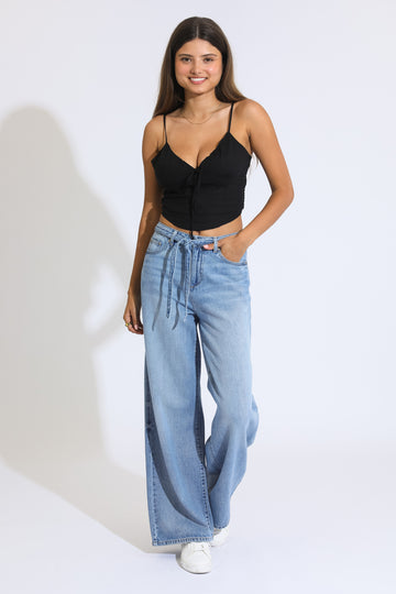 Belted Baggy Wide Leg Jeans - Medium Indigo