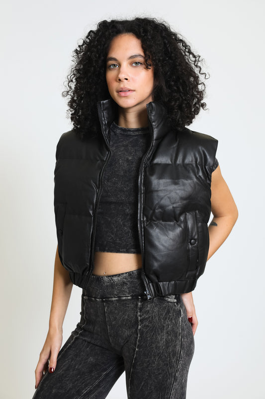 Luxe Vegan Leather Puffer Vest - Black