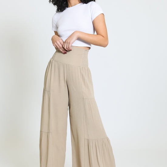 TIE WAIST TIERED WIDE LEG PANT - Khaki Mist – Rewash Brand