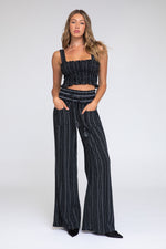 SMOCKED TOP AND BOARDWALK PANT LINEN SET - BLACK WHITE